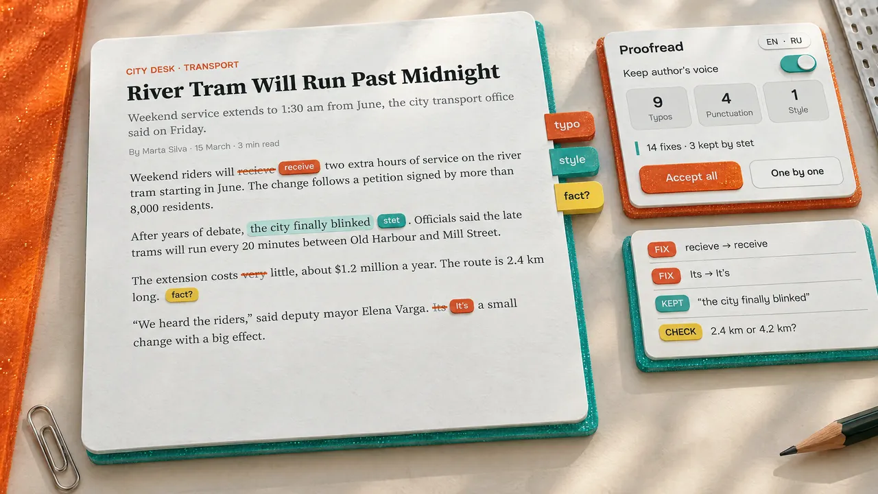 A draft with corrections marked in orange: fixes accepted, the author’s phrasing untouched.