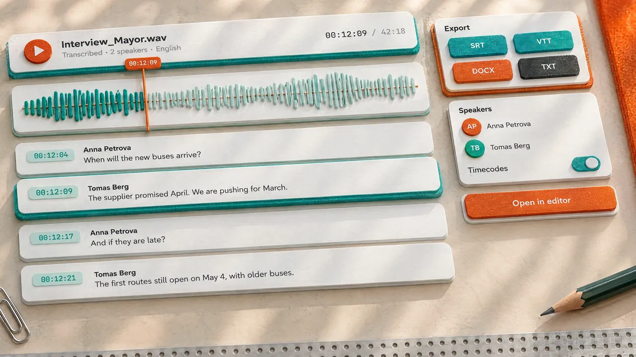 A waveform turned into transcript lines with timecodes.