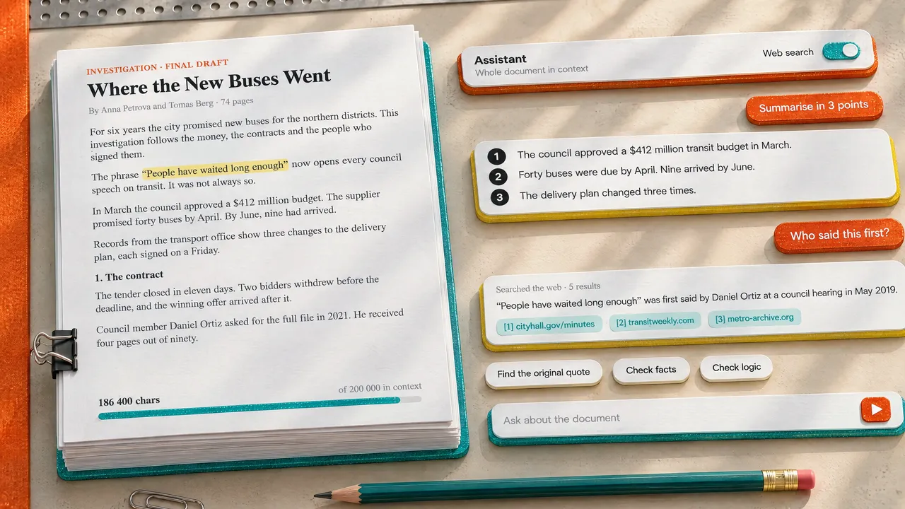 An assistant answer with sources, next to the document it read.
