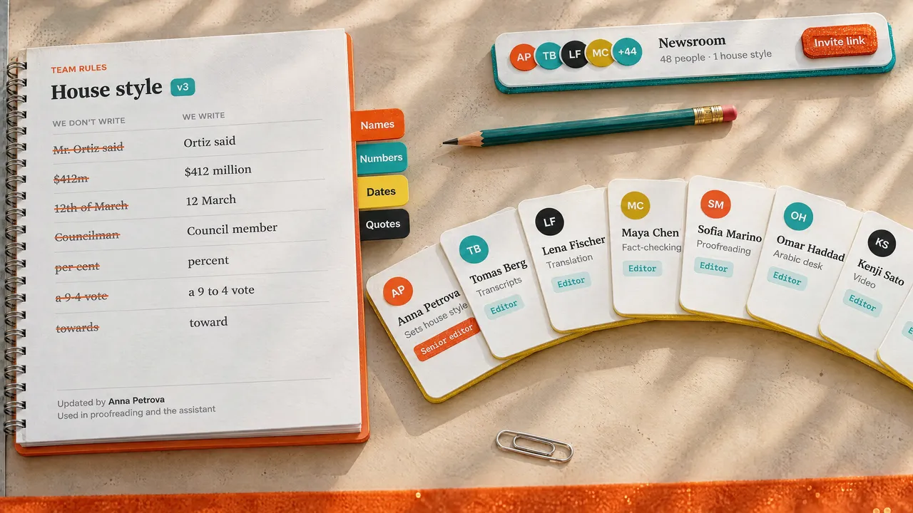 Team cards with roles and one shared house style.